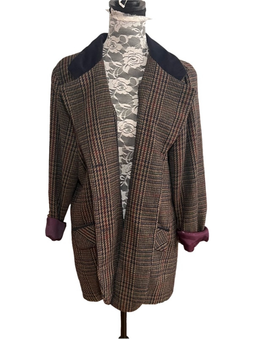 Vintage Plaid Blazer in Tan and Black Velvet Collar